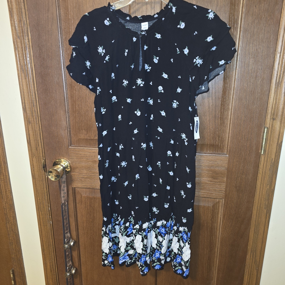 NWT Womens Old Navy Floral Black Dress with Blue & Keyhole Button Closure- L